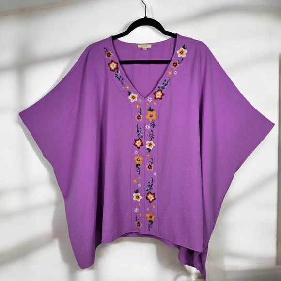 Oddi Tops - ODDI Poncho Caftan Top Women S/M Orchid Purple Embroidered V-Neck Oversized